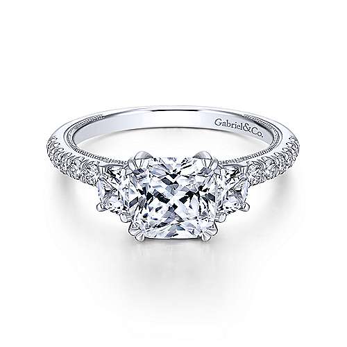 Gabriel & Co. Aloise ER9186W44JJ – 14K White Gold Cushion Cut Three Stone Diamond Engagement Ring