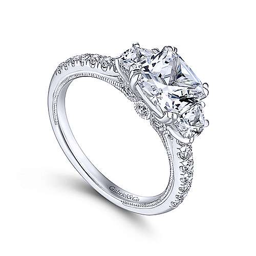 Gabriel & Co. Aloise ER9186W44JJ – 14K White Gold Cushion Cut Three Stone Diamond Engagement Ring
