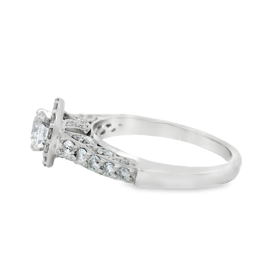 Whie Gold Round Halo Floral Accented Diamond Engagement Ring