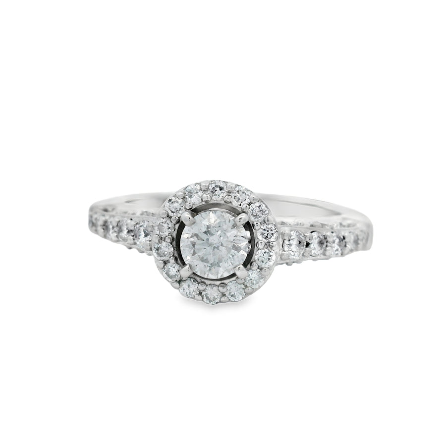 Whie Gold Round Halo Floral Accented Diamond Engagement Ring