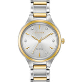 Citizen Eco-Drive Corso FE2104-50A – Two-Tone Stainless Steel Bracelet, Silver Dial with Diamond Accents Ladies’ Watch