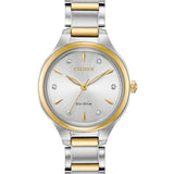 Citizen Eco-Drive Corso FE2104-50A – Two-Tone Stainless Steel Bracelet, Silver Dial with Diamond Accents Ladies’ Watch