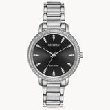 Citizen Eco-Drive Silhouette Crystal FE7040-53E – Stainless Steel Bracelet, Black Dial with Crystal Accents Ladies’ Watch