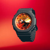 Casio G‑Shock GA2100FL‑8A – Flames of Color Series Analog‑Digital Octagonal Watch with Orange Dial & Gray Resin Band