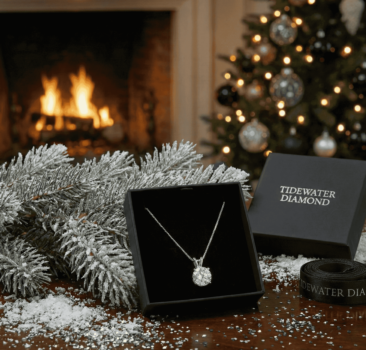 Diamond necklace in a Tidewater Diamond box with Christmas decorations and a fireplace.