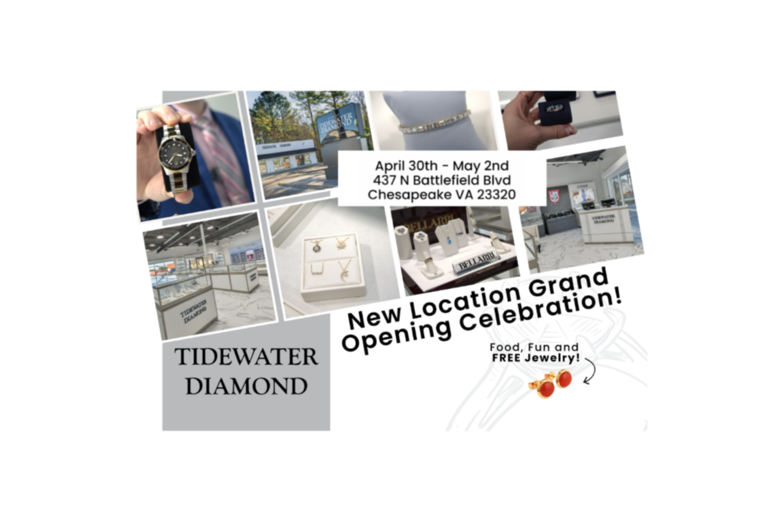 Advertisement for Tidewater Diamond's new location grand opening celebration with images of jewelry and store interior.