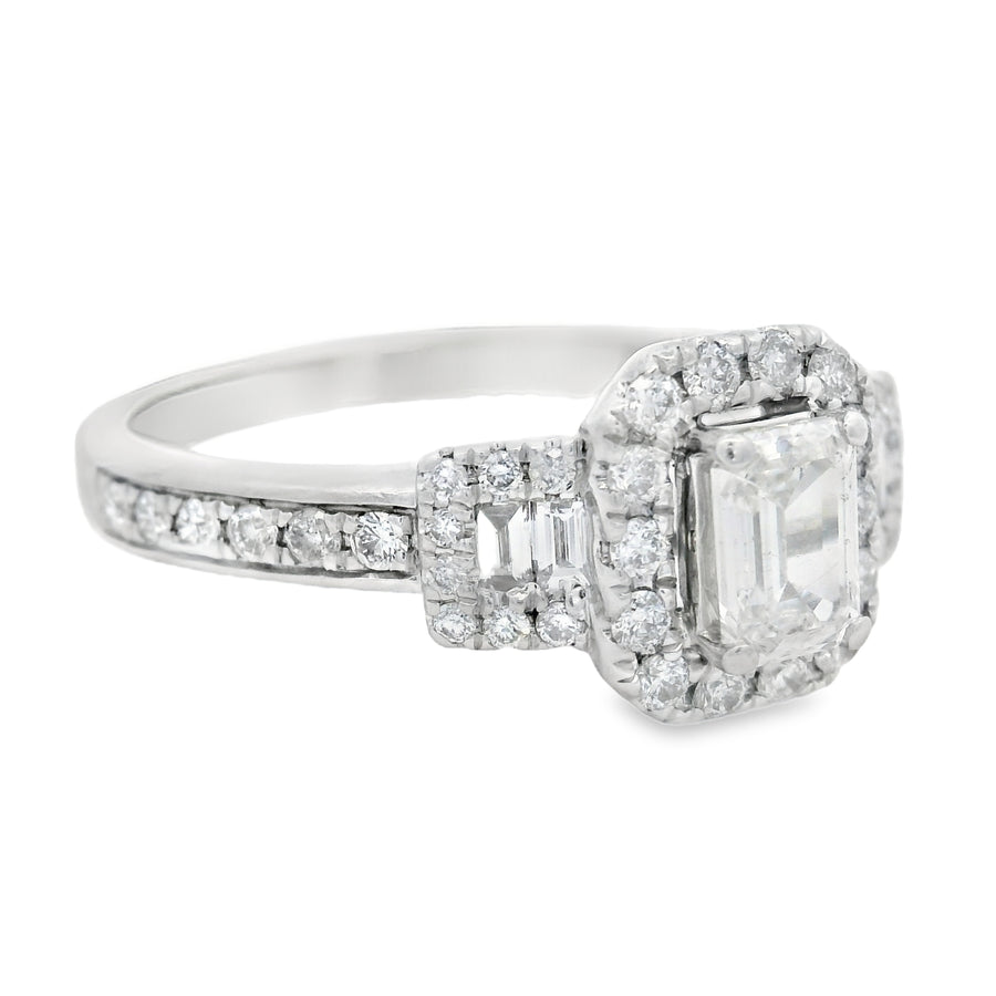 White Gold Emerald Three Stone Halo Diamond Engagement Ring