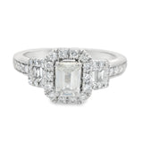 White Gold Emerald Three Stone Halo Diamond Engagement Ring