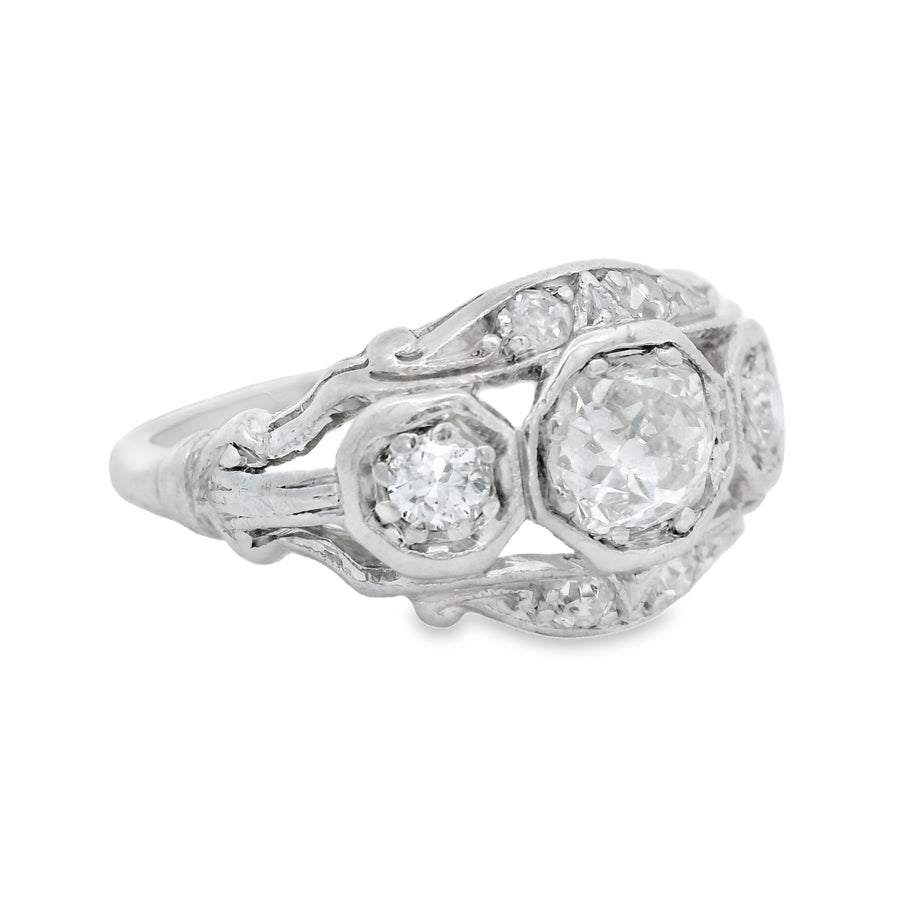 Vintage Platinum Three Stone European Diamond Ring