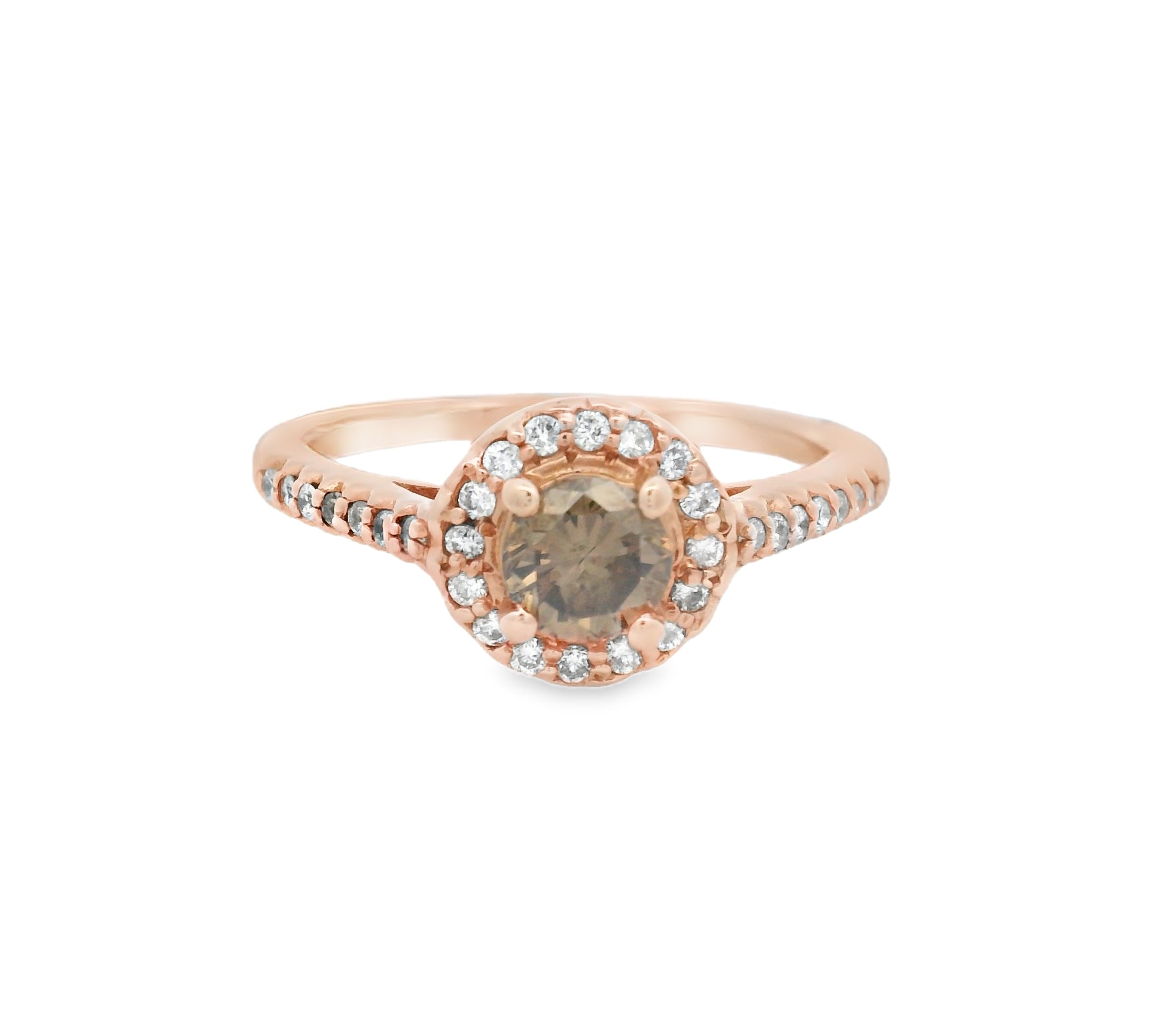 A rose gold engagement ring with a central chocolate diamond and accenting white round diamonds.
