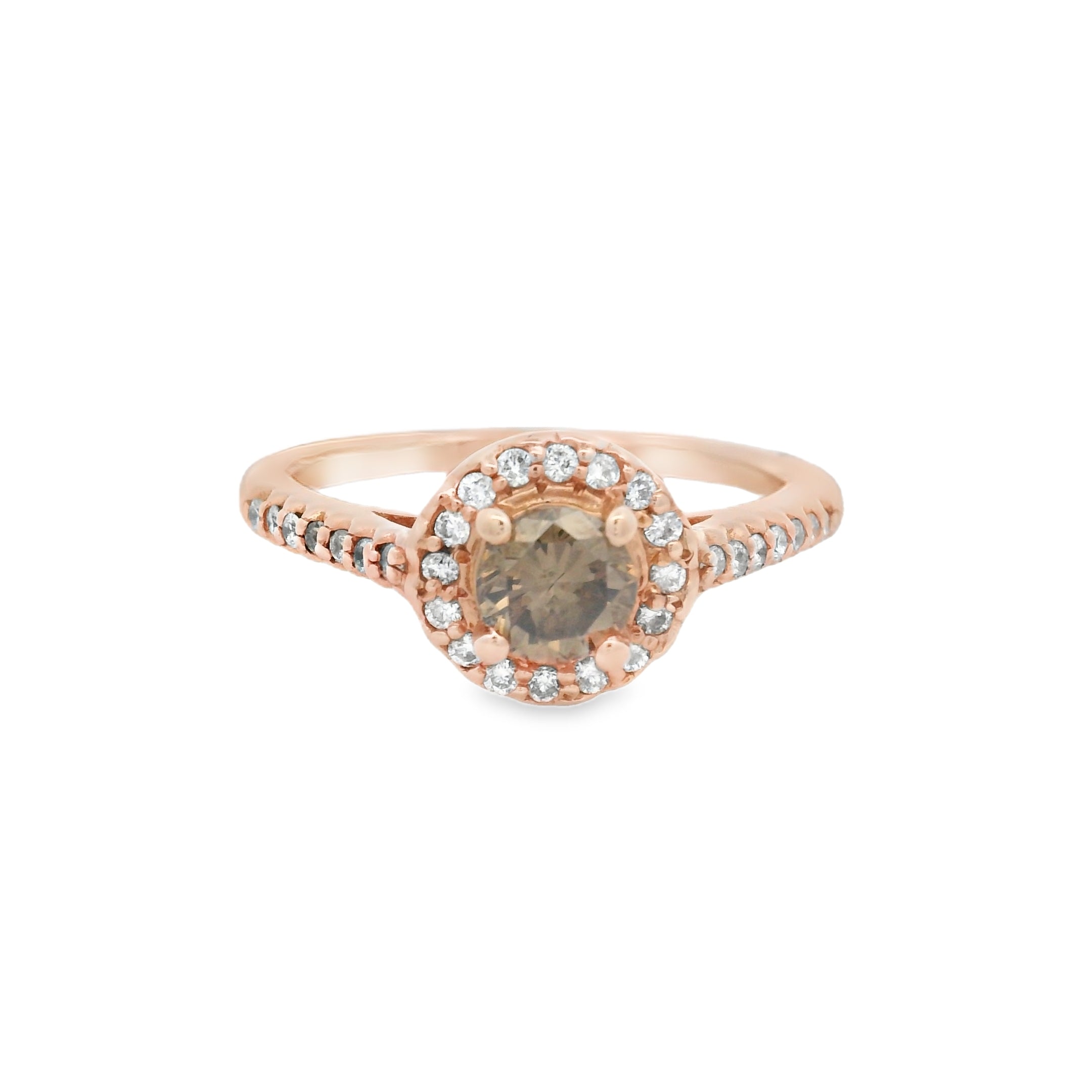 A rose gold engagement ring with a central chocolate diamond and accenting white round diamonds.