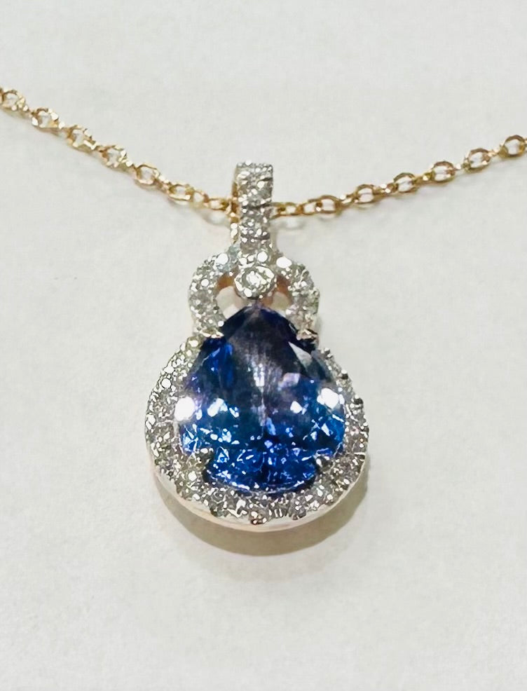 14k Rose Gold Pear Tanzanite Halo Diamond Pendnat