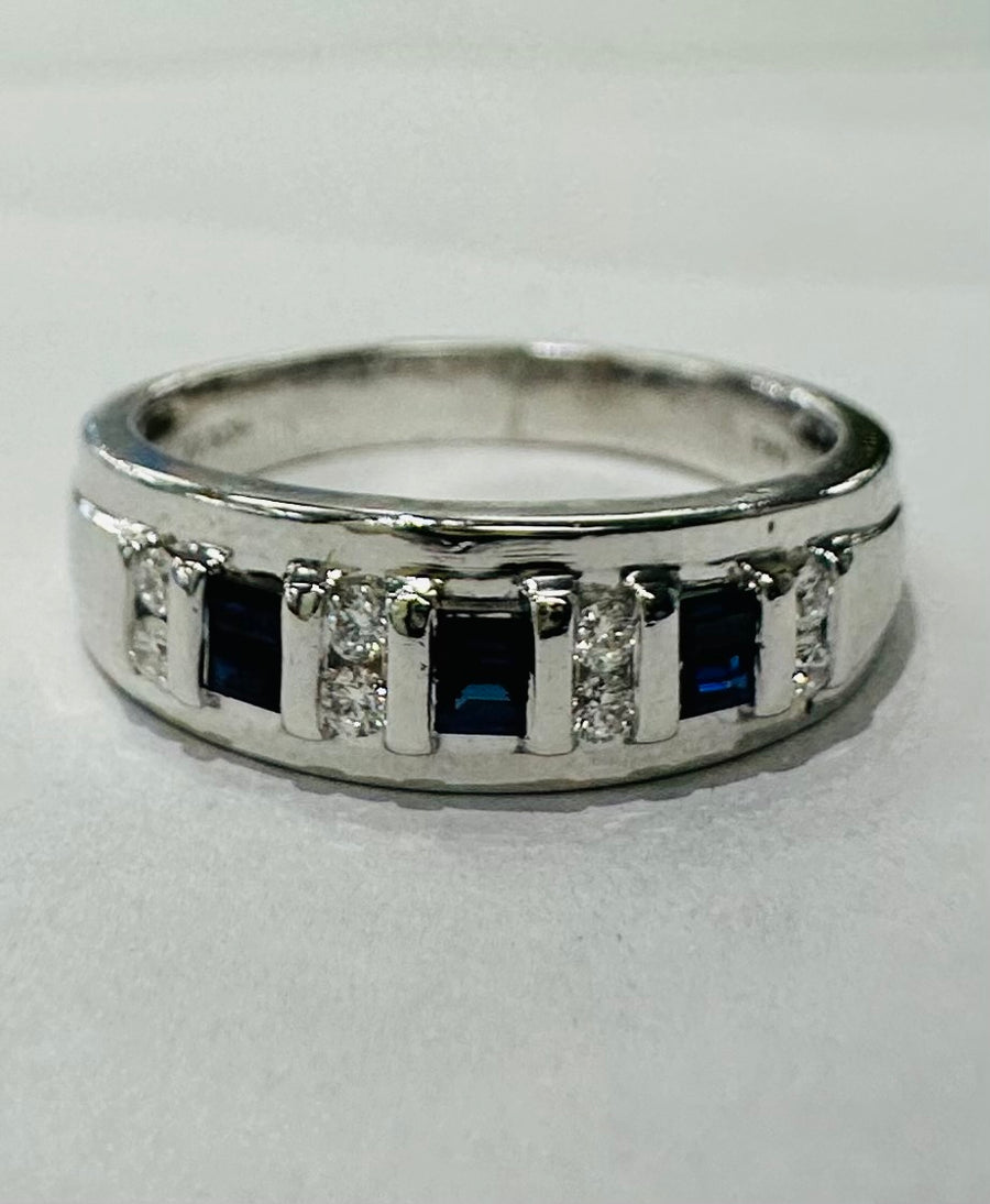 White Gold Sapphire & Diamond Mens Ring