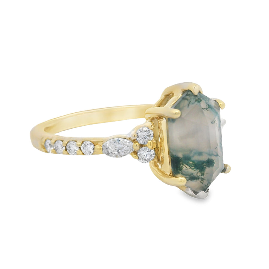 Yellow Gold Moss Agate Diamond Engagement Ring