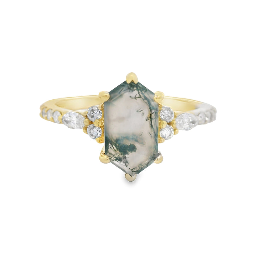 Yellow Gold Moss Agate Diamond Engagement Ring