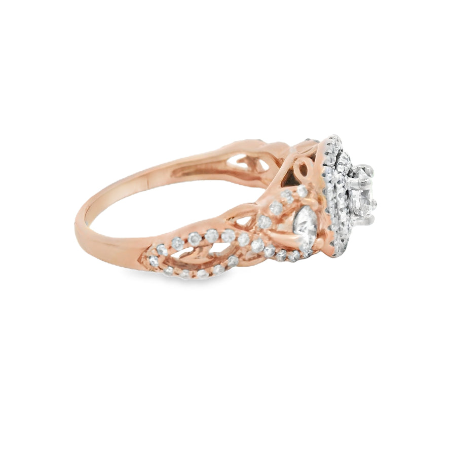 Rose Gold Three Stone Double Halo Diamond Engagement Ring