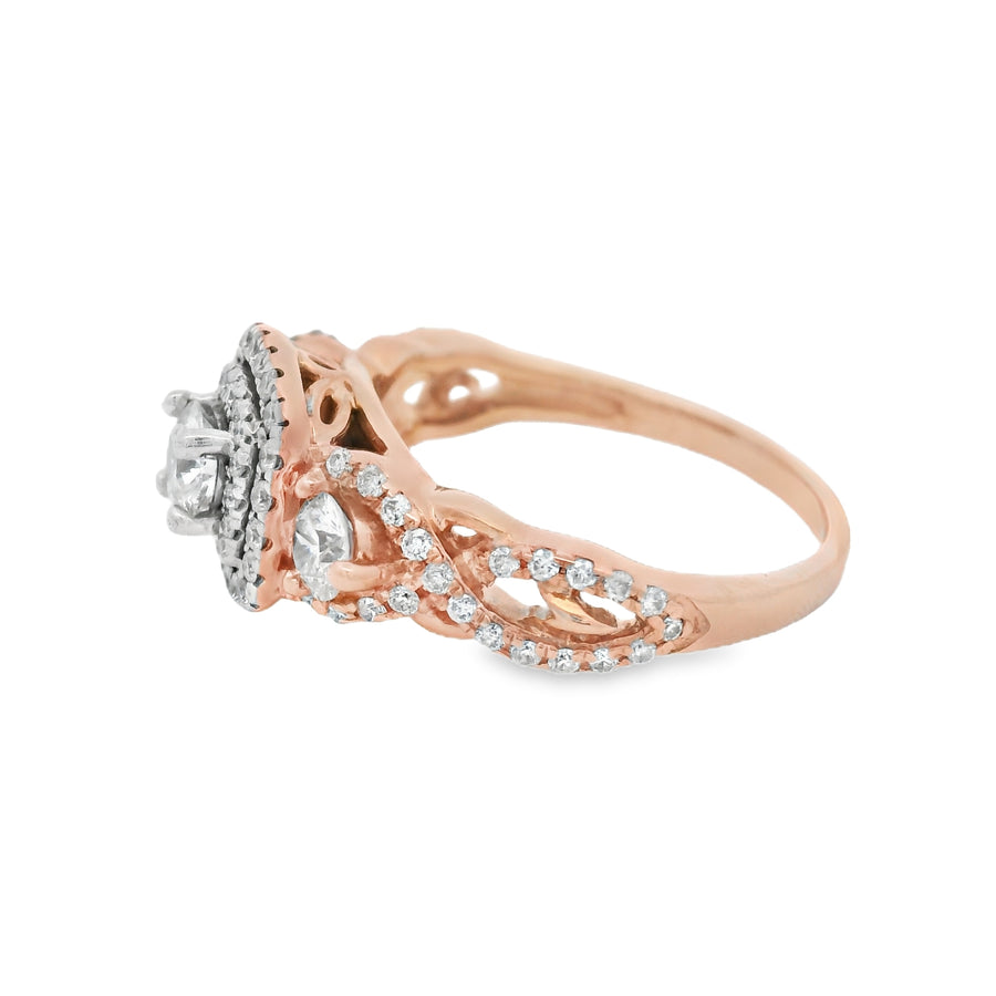 Rose Gold Three Stone Double Halo Diamond Engagement Ring