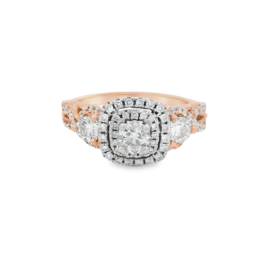 Rose Gold Three Stone Double Halo Diamond Engagement Ring