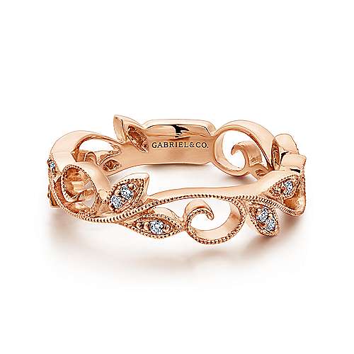 Gabriel & Co. LR4593K45JJ – 14K Rose Gold Scrolling Floral Diamond Stackable Ring