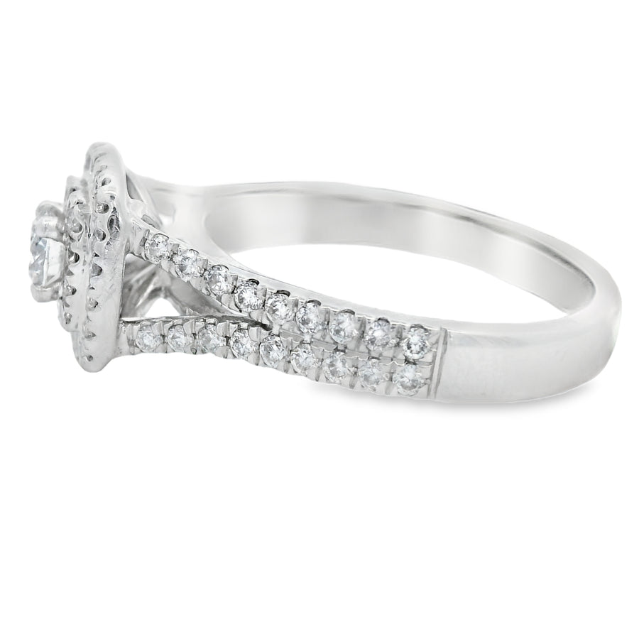 Double Halo Round Brilliant Split Shank Diamond Engagement Ring