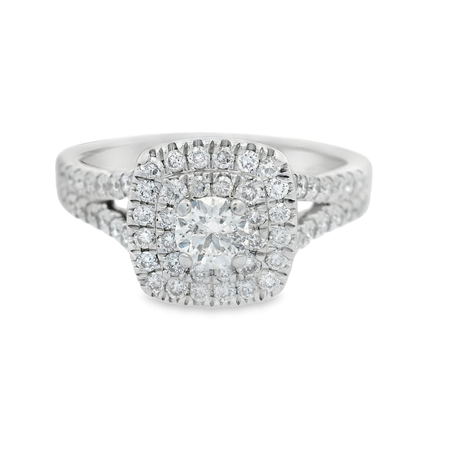 Double Halo Round Brilliant Split Shank Diamond Engagement Ring