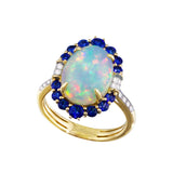 Bellarri Athena Collection – 14K Yellow Gold Halo Ring with 3.09ct Opal, 0.90cttw Blue Sapphires & 0.11cttw Diamonds (R9210YG14/OS)
