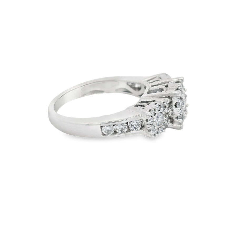 1CTW Three Stone Halo Accented Diamond Engagement Ring