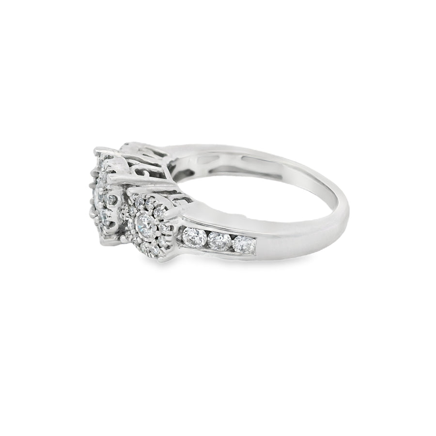 1CTW Three Stone Halo Accented Diamond Engagement Ring