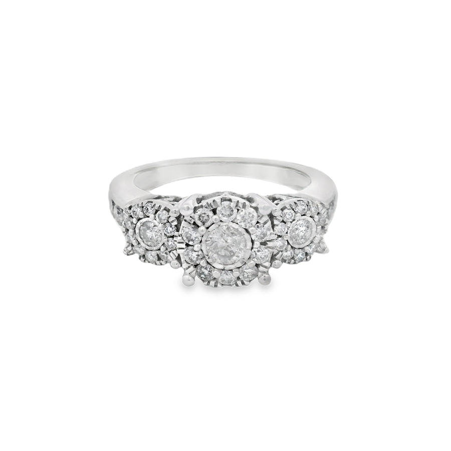 1CTW Three Stone Halo Accented Diamond Engagement Ring