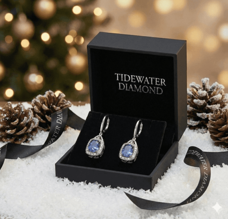Tidewater Diamond earrings in a black box with a festive background