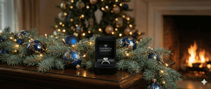 Engagement ring box on a wooden surface with Christmas decorations and a fireplace in the background