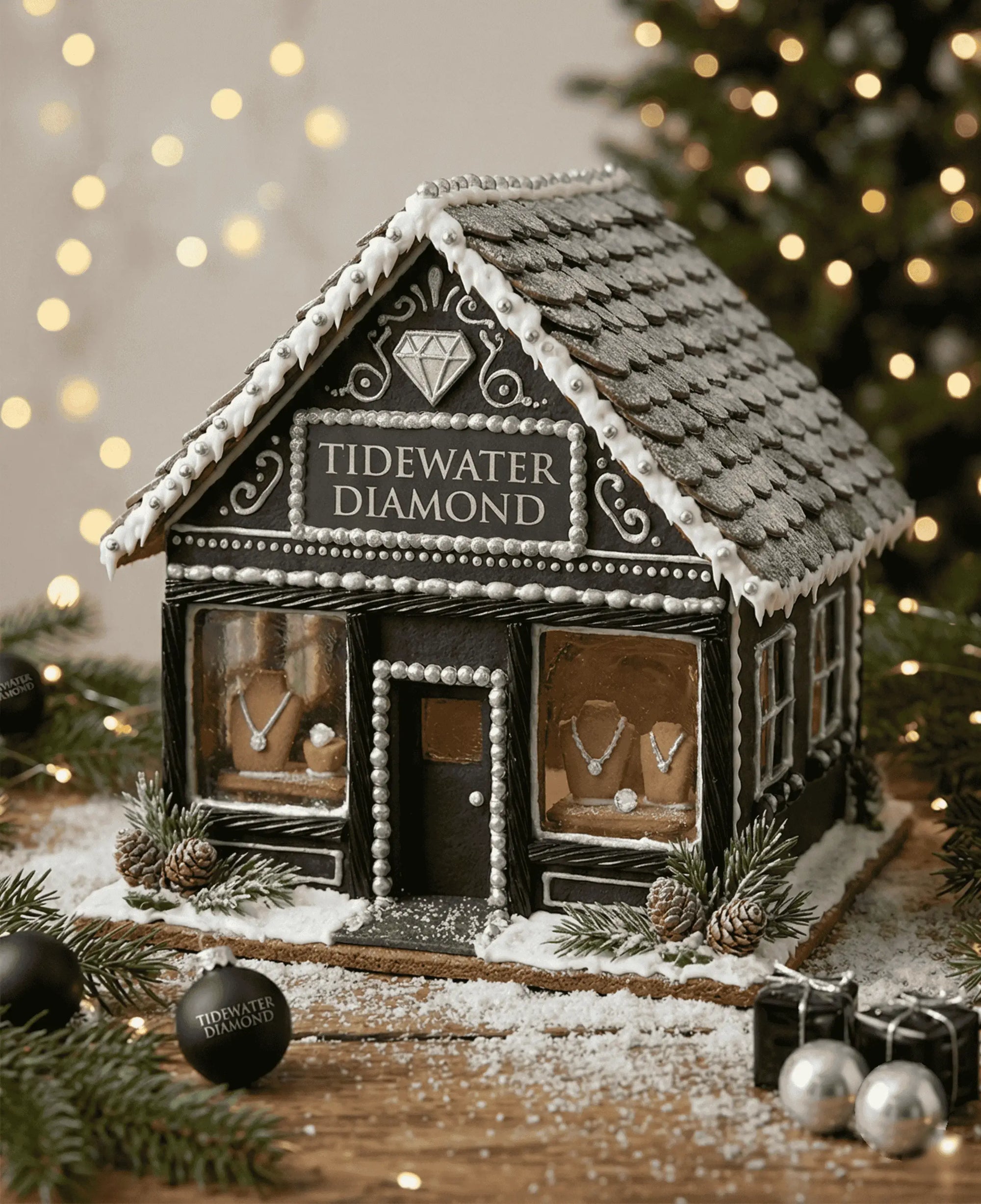 Decorative gingerbread house with 'Tidewater Diamond' branding against a festive background.
