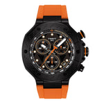 Tissot watch with black dial and orange strap on a white background
