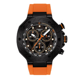 Tissot watch with black dial and orange strap on a white background
