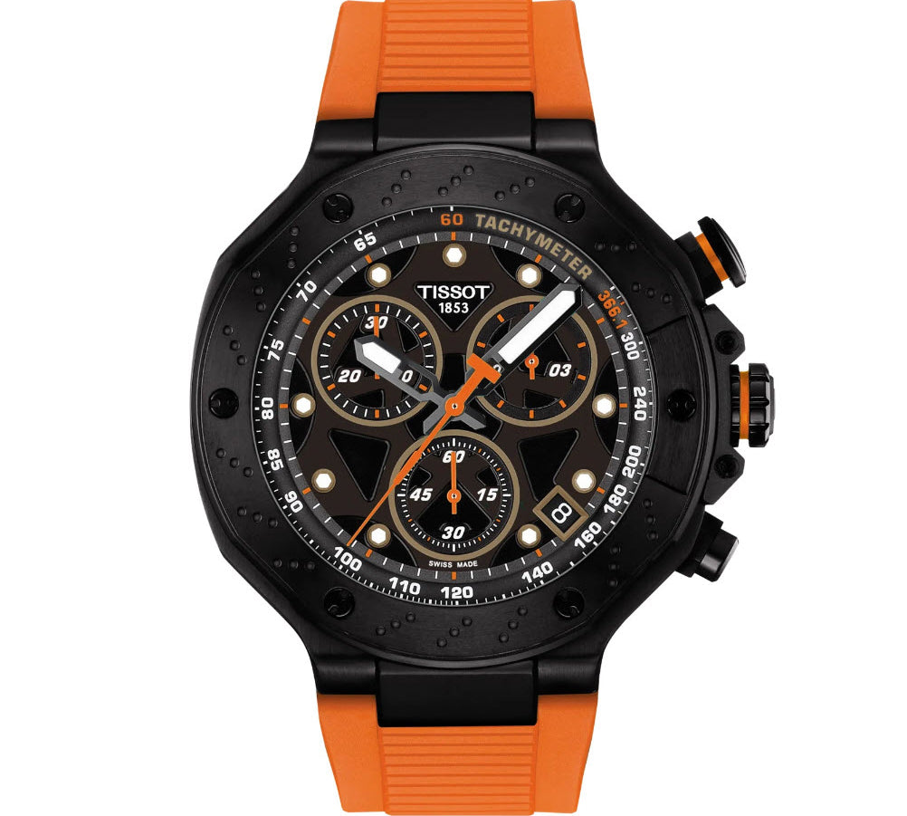 Tissot watch with black dial and orange strap on a white background