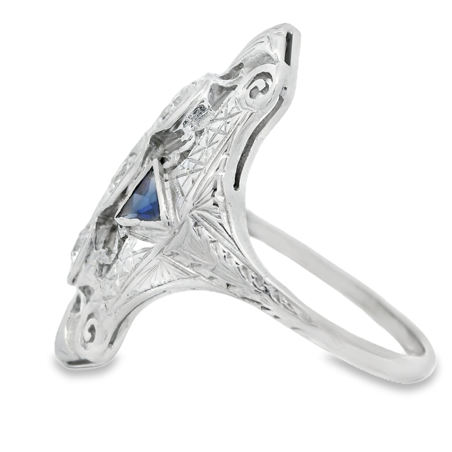 18KT White Gold Vintage Sapphire And Diamond Ring