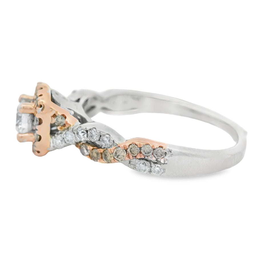Rose And White Gold Twist Halo Diamond Engagement Ring
