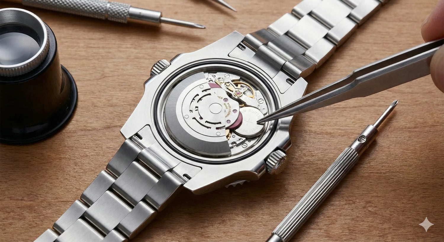 Silver watch with open face revealing mechanical components on a wooden surface.