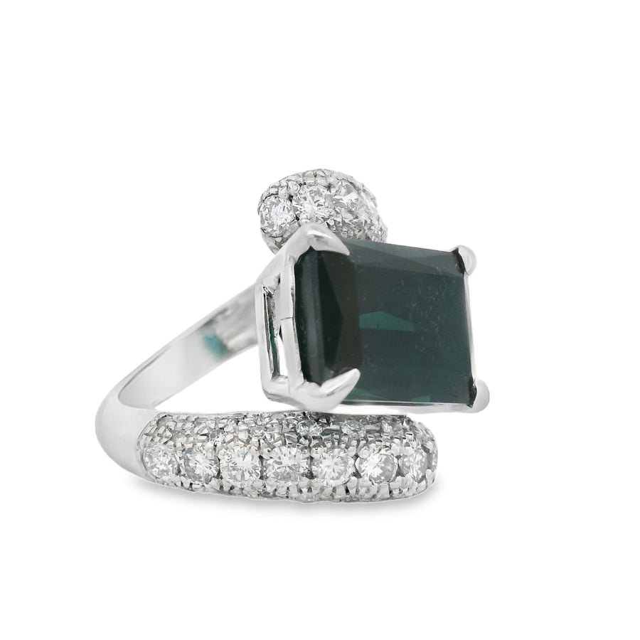 Exquisite Emerald Cut Green Indicolite Tourmaline Bypass Ring