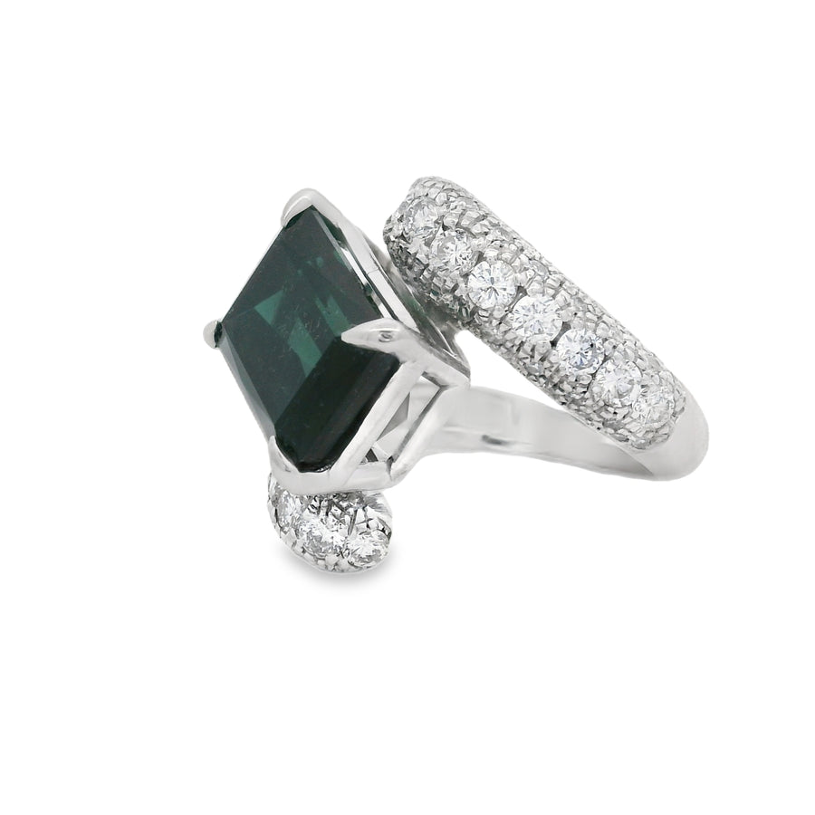 Exquisite Emerald Cut Green Indicolite Tourmaline Bypass Ring