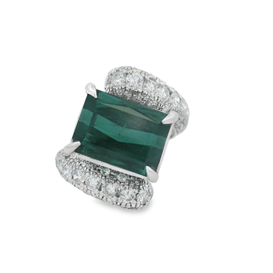 Exquisite Emerald Cut Green Indicolite Tourmaline Bypass Ring