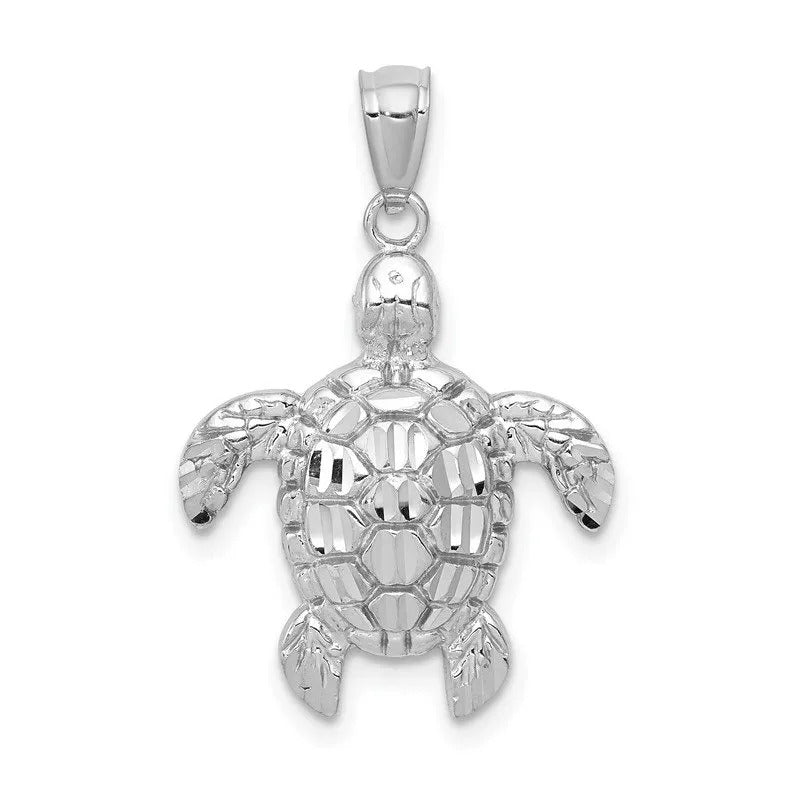 Quality Gold 14k White Gold Diamond-cut Polished Sea Turtle Pendant