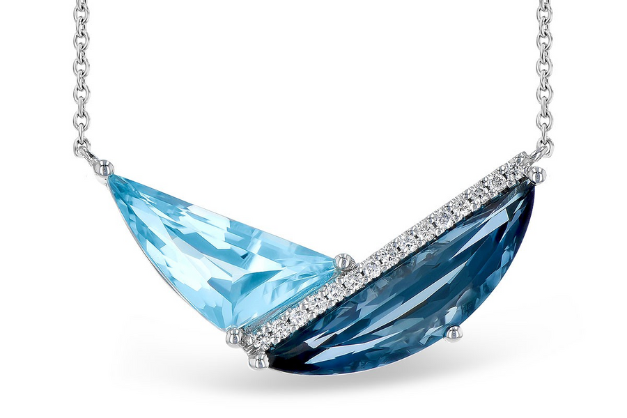 14KW Blue Topaz with Diamond Halo Station Necklace