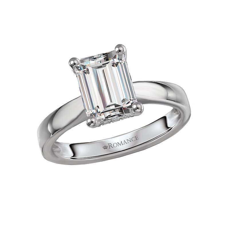 Romance 160236-EM200 – 14K White Gold Hidden Halo Semi-Mount Engagement Ring for Emerald-Cut Center