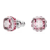 Birthstone stud earrings Square cut, October, Pink, Rhodium plated