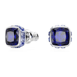 Birthstone stud earrings Square cut, September, Blue, Rhodium plated