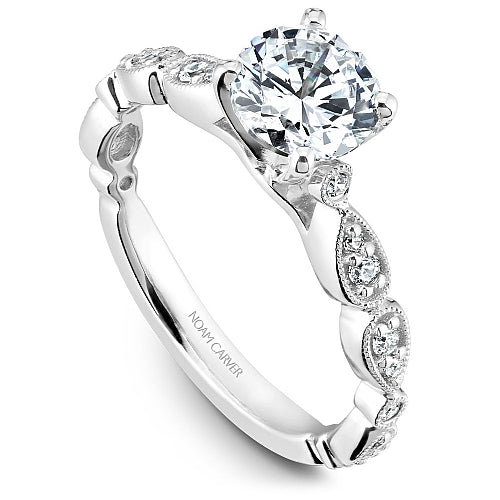 Noam Carver Floral Sidestone Engagement Ring – B204-01A  14K White Gold Size 8