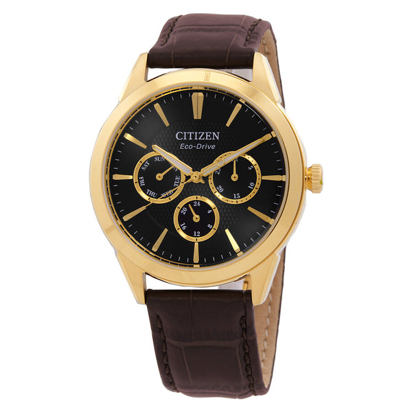 Citizen BU2112-06E Rolan Eco-Drive – Men’s Gold-Tone Stainless Steel Black Dial Brown Leather Multifunction Watch