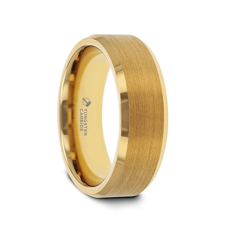 Thorsten Rings HONOR Gold-Plated Tungsten Beveled Polished Edges Flat Ring with Brushed Center - 6mm & 8mm