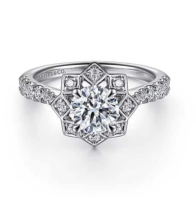 Tria - Art Deco Inspired 14K White Gold Floral Halo Round Diamond Engagement Ring